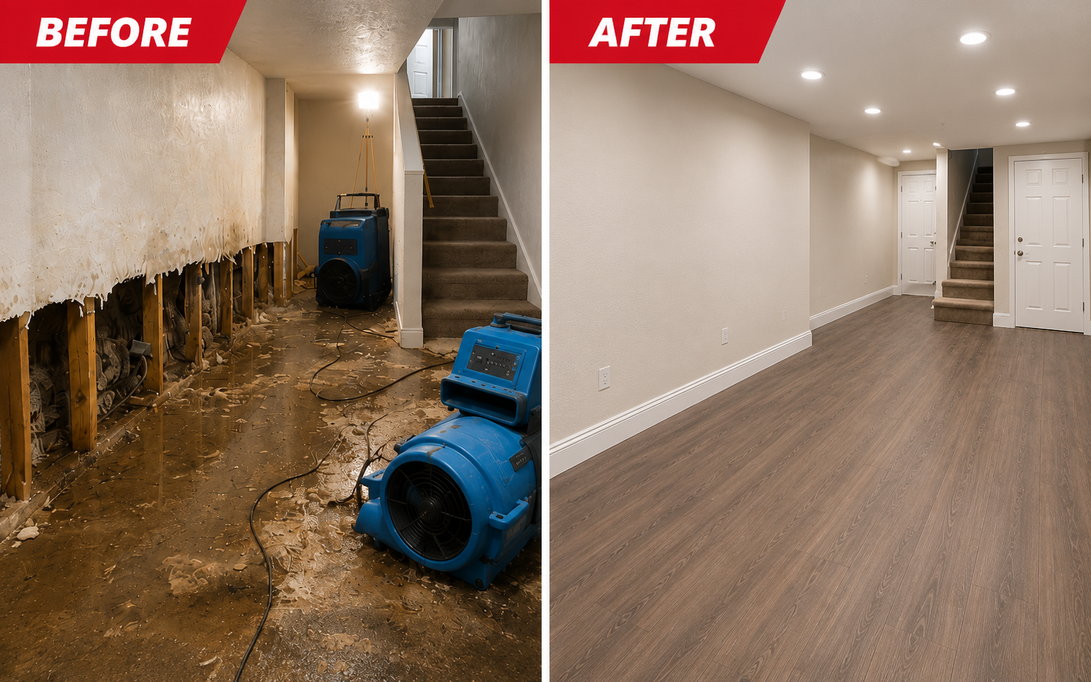 Basement water damage restoration Kansas City Missouri — mold-damaged walls with industrial air movers and dehumidifiers deployed before, fully rebuilt basement with new vinyl plank flooring and recessed lighting after