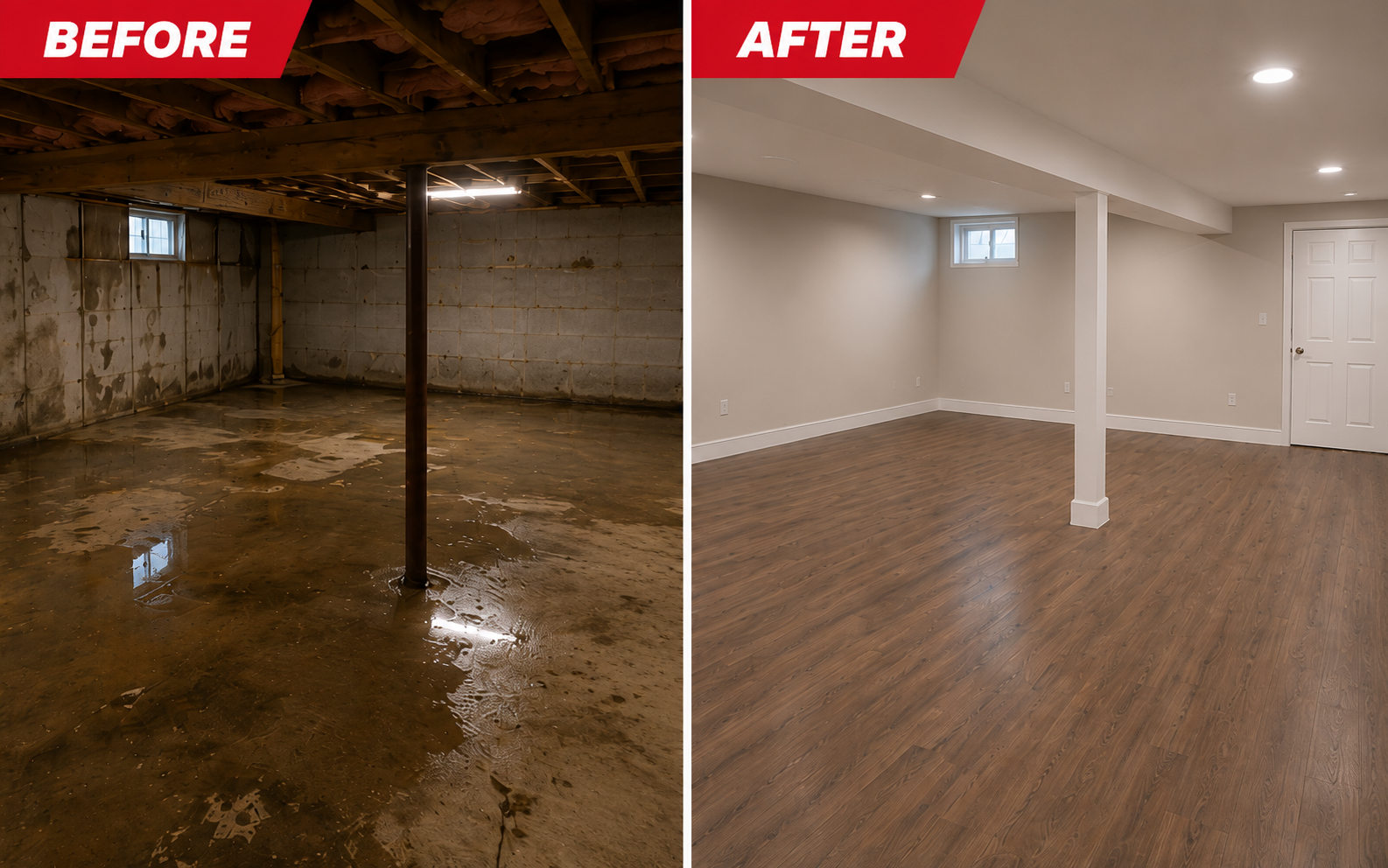 Basement flooding restoration Overland Park Kansas — standing water on concrete floor with exposed joists before, fully finished basement with new dark hardwood floors and recessed lighting after