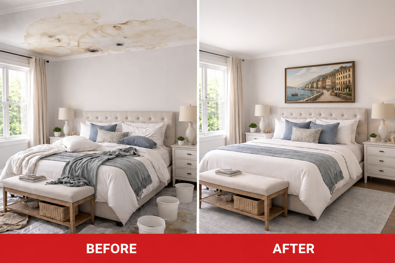 Bedroom ceiling water damage restoration Kansas City Missouri — roof leak causing ceiling staining and mold with collection buckets before, fully restored bright bedroom with repaired ceiling after