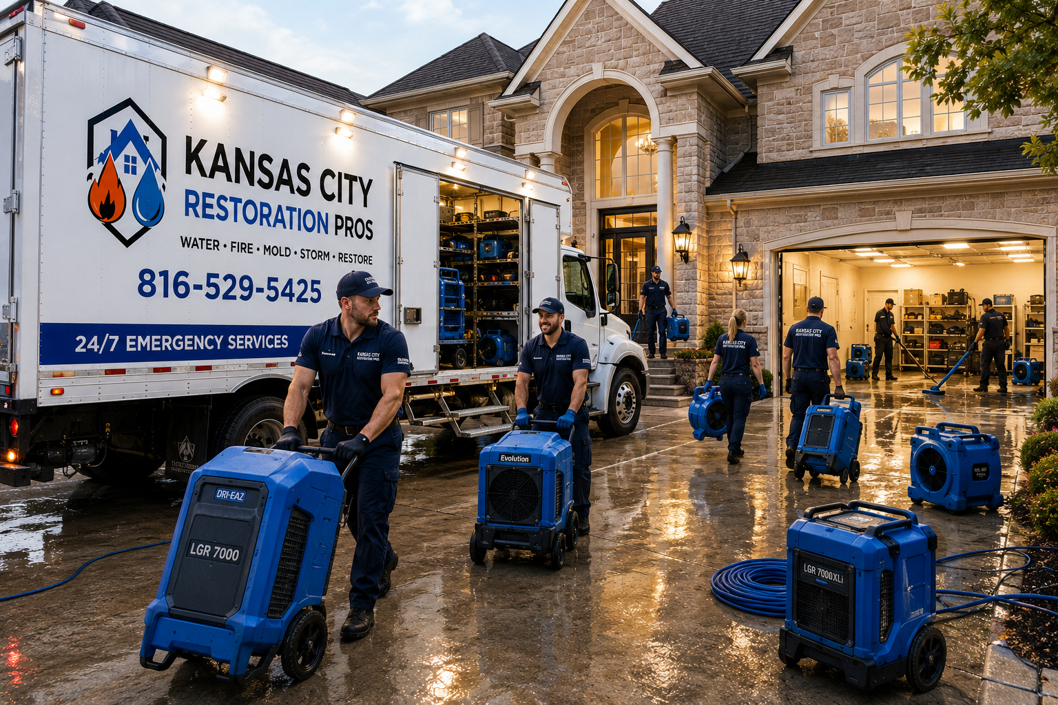 Kansas City Restoration Pros certified team arriving on site with industrial Dri-Eaz dehumidifiers and restoration equipment — 24/7 emergency water damage response across Kansas City MO and KS