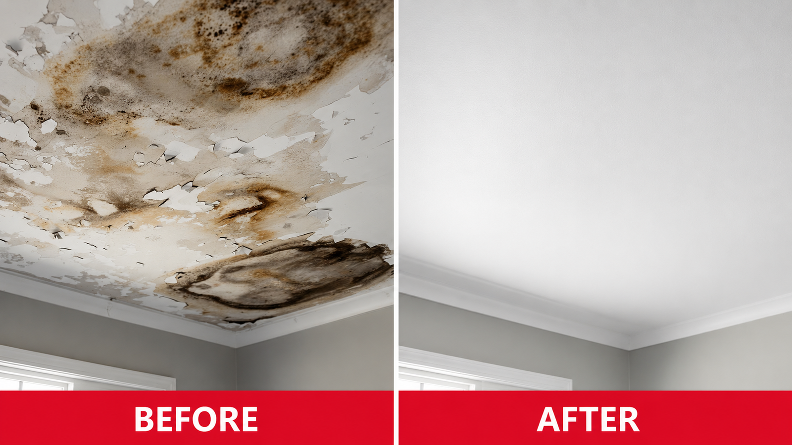 Severe ceiling water damage and mold remediation Kansas City Missouri — extensive mold growth and peeling paint on ceiling before, freshly repaired and painted white ceiling after