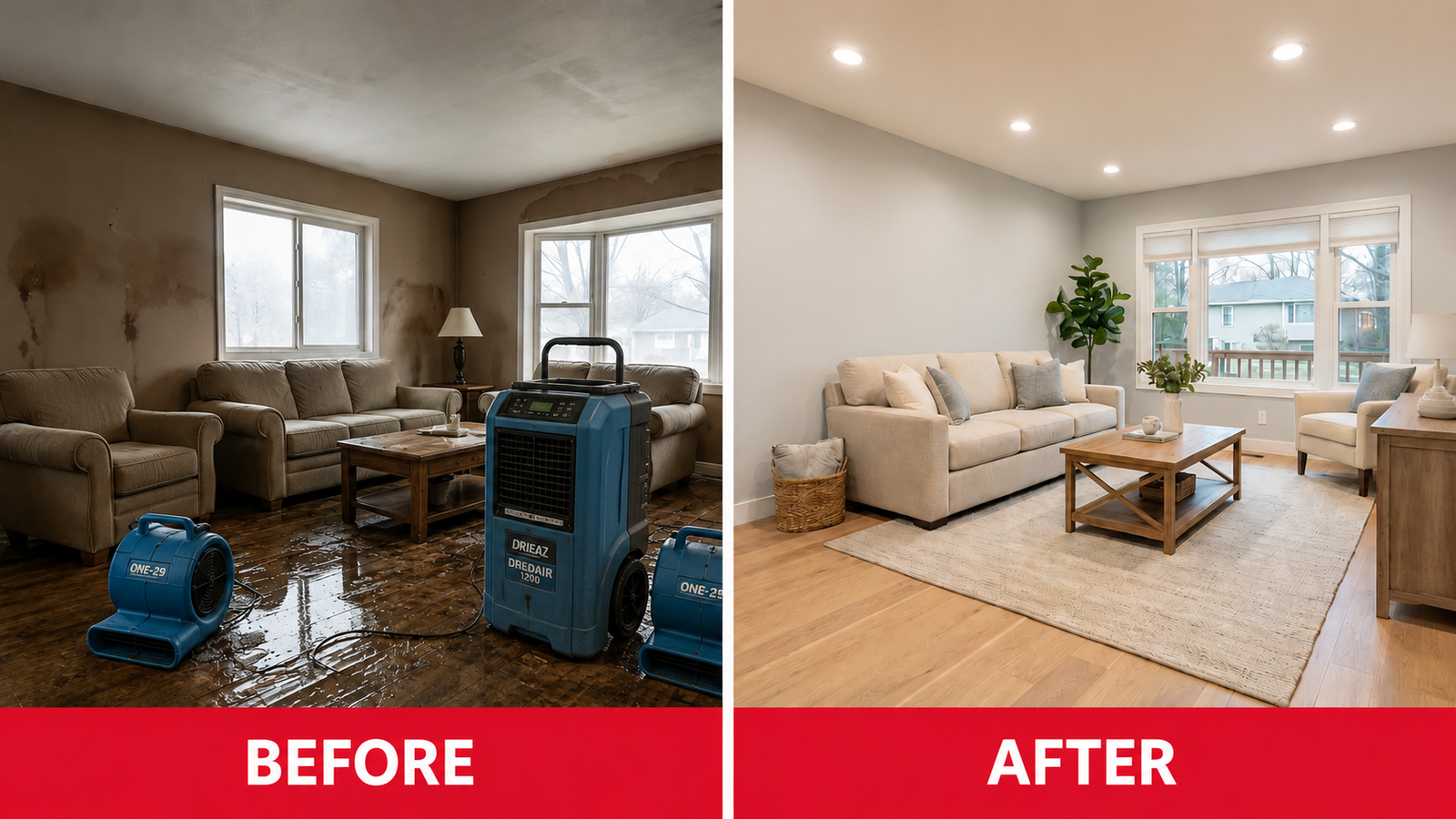 Living room water damage restoration Kansas City Missouri — flooded hardwood floors with industrial air movers and dehumidifier before, fully restored open-concept living room with new hardwood floors after