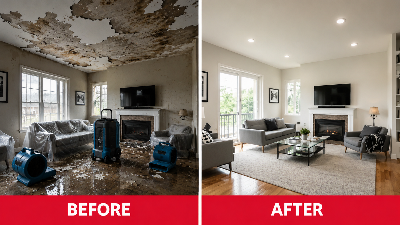 Living room severe water and mold damage restoration Overland Park Kansas — ceiling collapse with mold growth and wet floors with drying equipment before, fully restored bright modern living room with fireplace after
